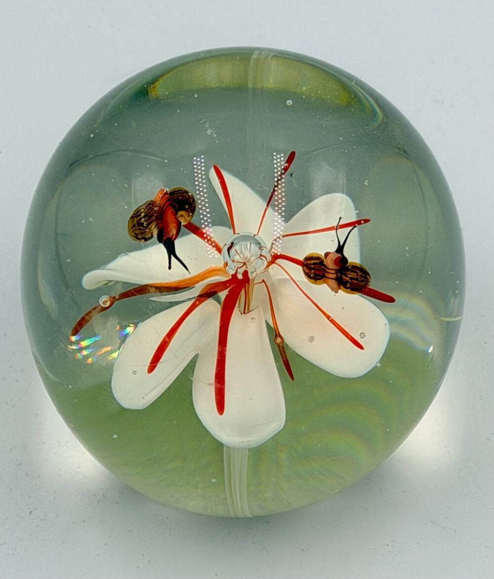 Vintage Art Glass Paperweight White Flower with Flying Bees Heavy Orb